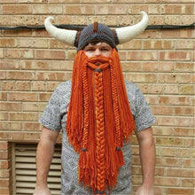 Load image into Gallery viewer, Men&#39;s Handmade Knit Long Beard Viking Horn Hat Funny Crazy Ski Caps Cool Beanie Cap Mask Men Halloween Party Cosplay Masks Gift