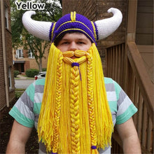 Load image into Gallery viewer, Men&#39;s Handmade Knit Long Beard Viking Horn Hat Funny Crazy Ski Caps Cool Beanie Cap Mask Men Halloween Party Cosplay Masks Gift