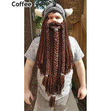 Load image into Gallery viewer, Men&#39;s Handmade Knit Long Beard Viking Horn Hat Funny Crazy Ski Caps Cool Beanie Cap Mask Men Halloween Party Cosplay Masks Gift