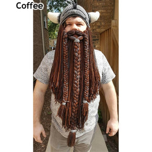 Men's Handmade Knit Long Beard Viking Horn Hat Funny Crazy Ski Caps Cool Beanie Cap Mask Men Halloween Party Cosplay Masks Gift